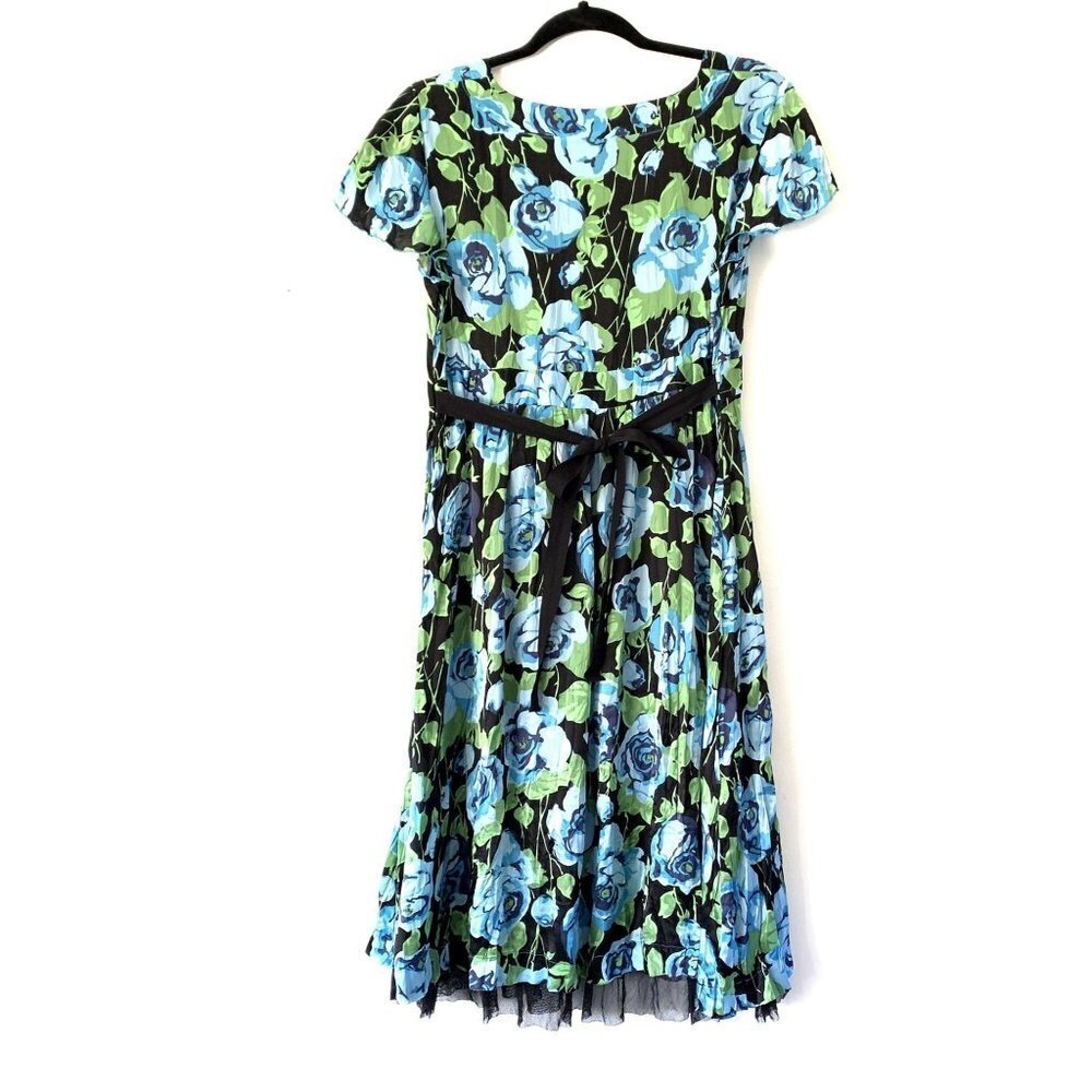 Free People Size 12 Floral Silk Flare Tulle Midi Dress Tie Back V-Neck - Picture 2 of 9